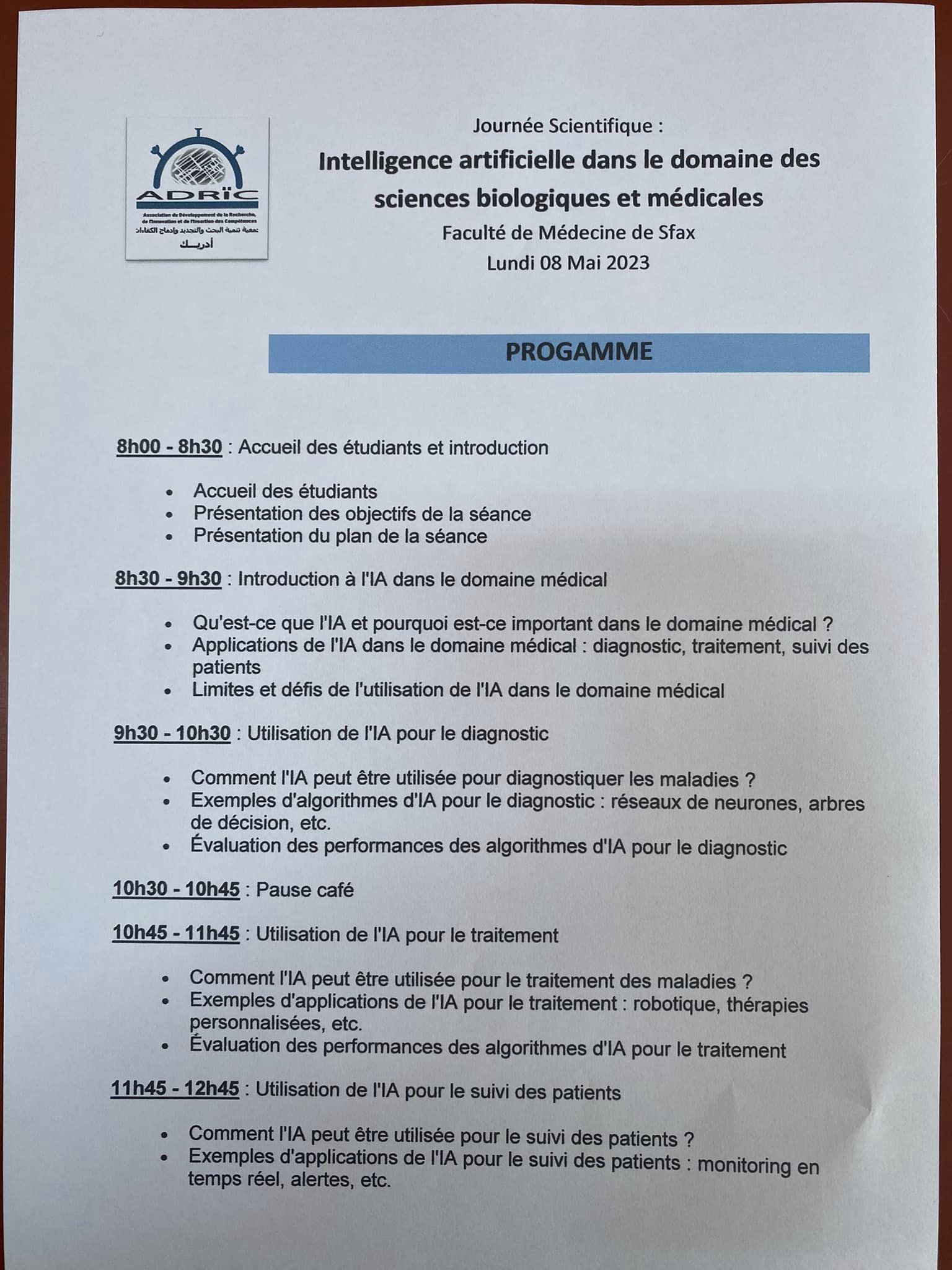 Event: Intelligence artificielle dans le domaine des sciences biologiques et Médicales